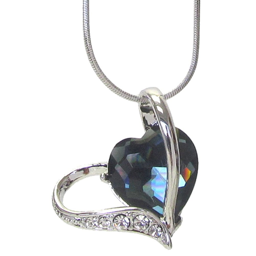 White Gold Plated Ocean Blue Heart Pendant and Crystal Necklace